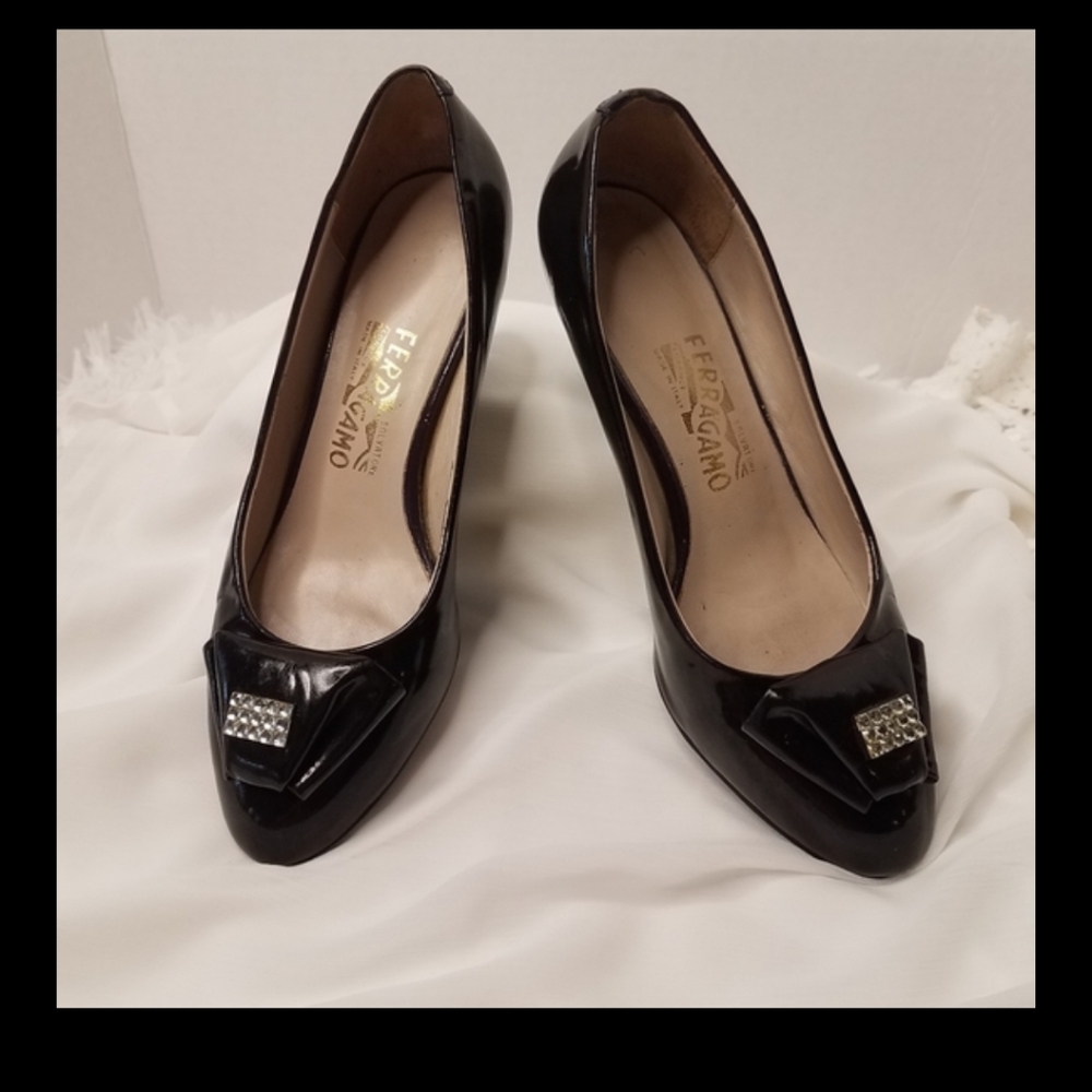 Salvatore Ferragamo Black Patent Leather kitten heels